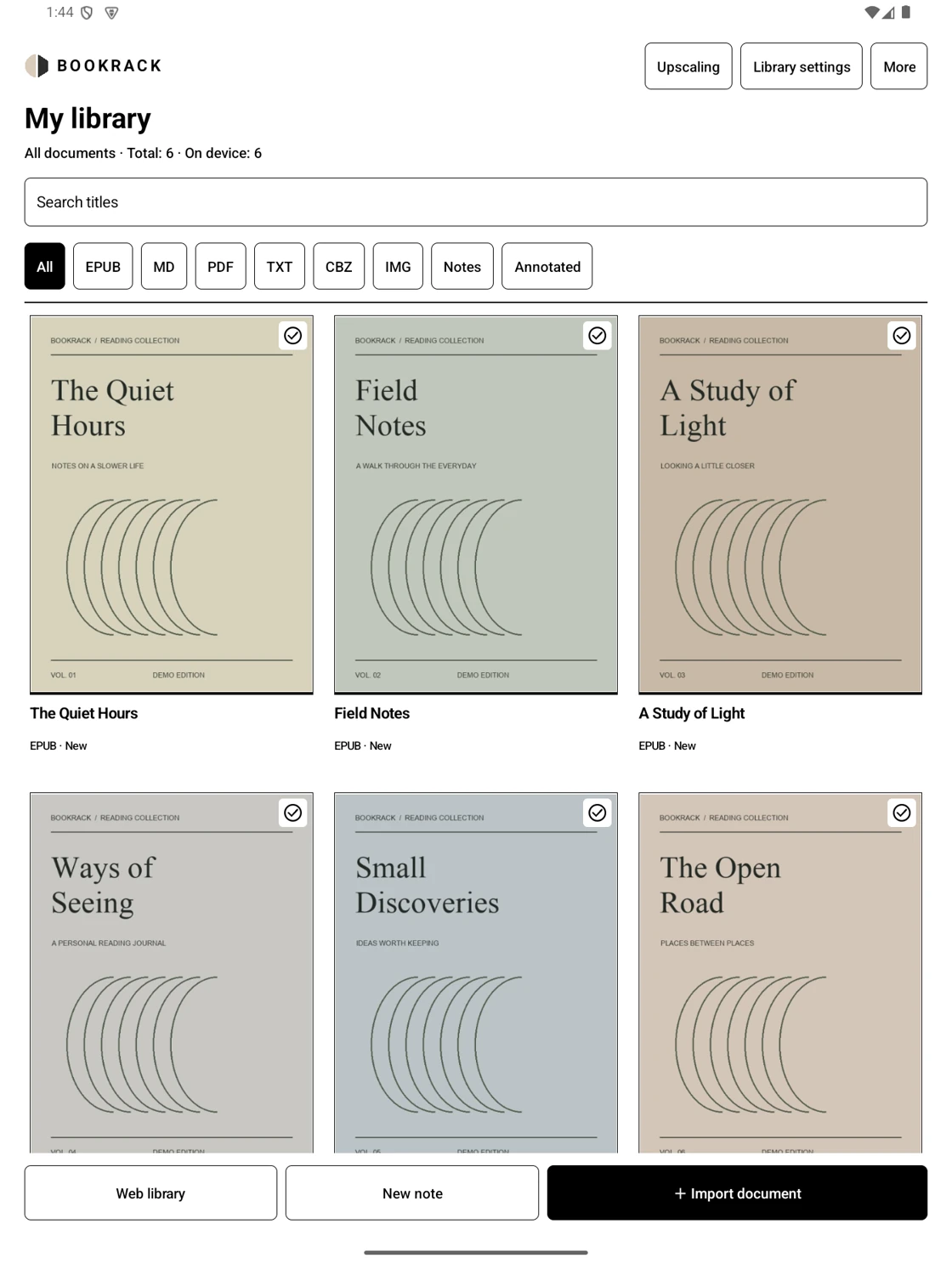 BookRack library showing six English sample eBooks