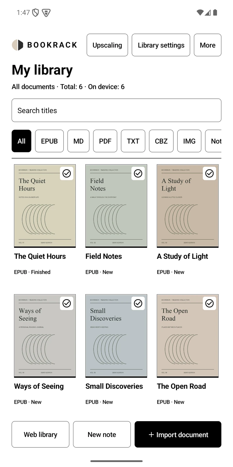 BookRack library on an Android phone with six English sample books