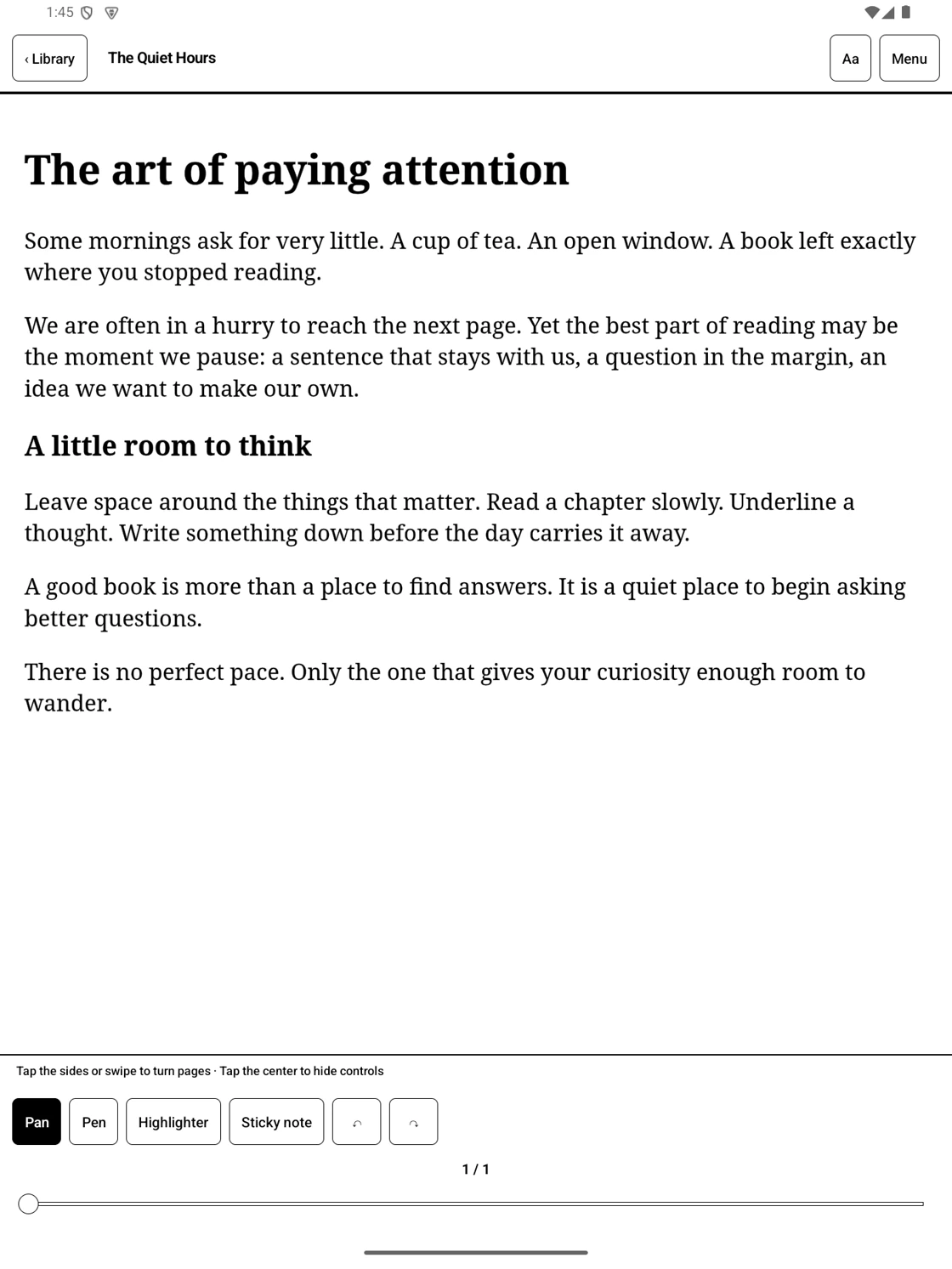 BookRack's English EPUB reading screen, with text and handwriting tools.